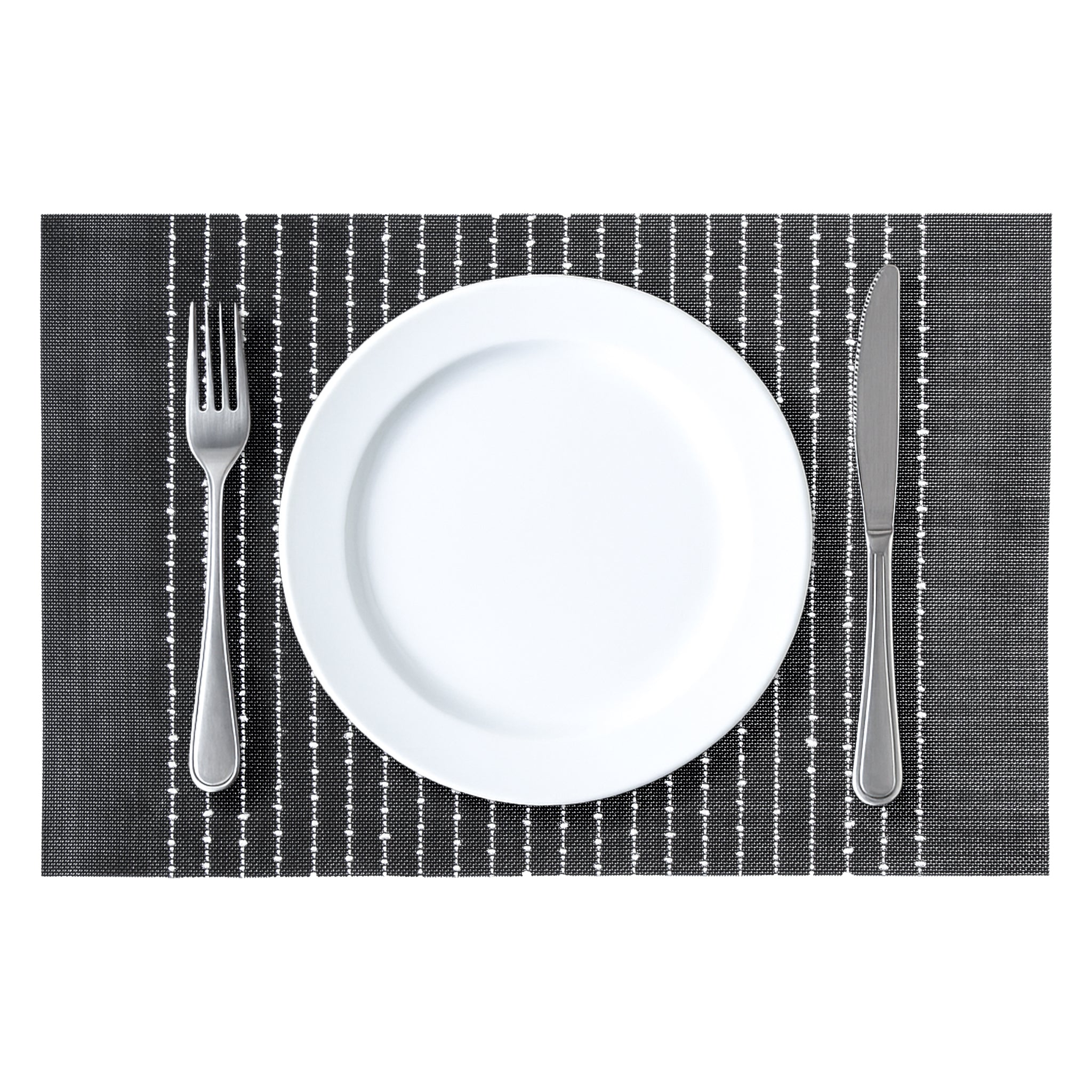 REGENT PLACE MATS WOVEN PVC BLACK WITH WHITE COTTON STRIPES, 300X450MM