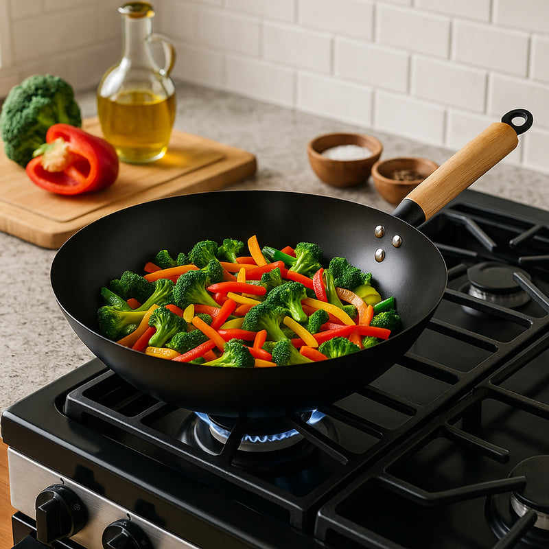 REGENT COOKWARE WOK CARBON STEEL WITH WOODEN HANDLE, 310MM DIA