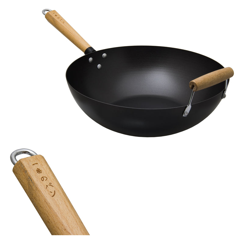 REGENT COOKWARE WOK CARBON STEEL WITH WOODEN HANDLE, (610/350MM DIAX100MM)