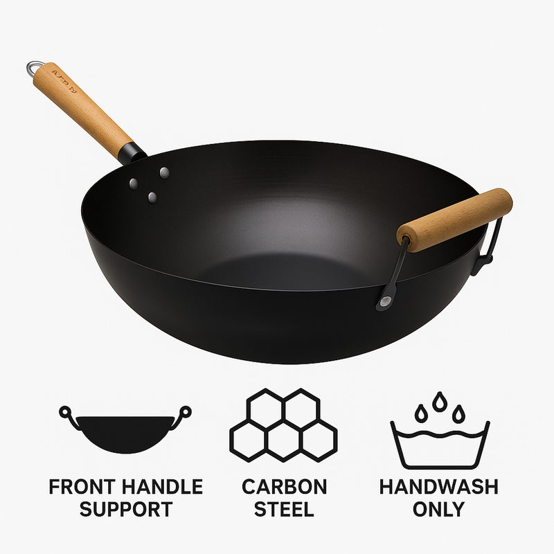 REGENT COOKWARE WOK CARBON STEEL WITH WOODEN HANDLE, 350MM DIA
