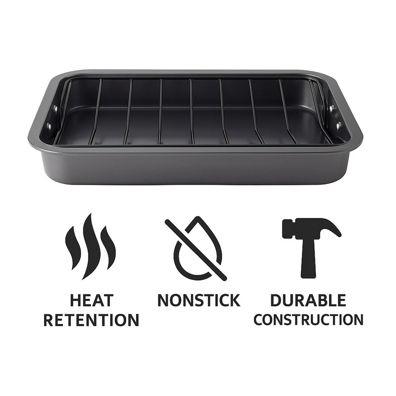 REGENT COOKWARE ROASTING PAN NON STICK WITH V GRID AND ST. STEEL HANDLES, (420X305MM)