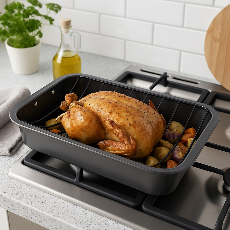 REGENT COOKWARE ROASTING PAN NON STICK WITH V GRID AND ST. STEEL HANDLES, (420X305MM)