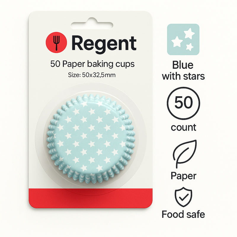REGENT CAKE CUPS BLUE WITH WHITE STARS 50PK, 50X32.5MM