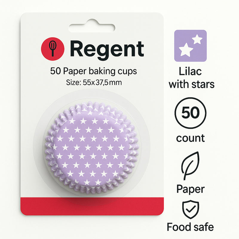 REGENT CAKE CUPS LILAC WITH WHITE STARS 50PK, 55X37.5MM