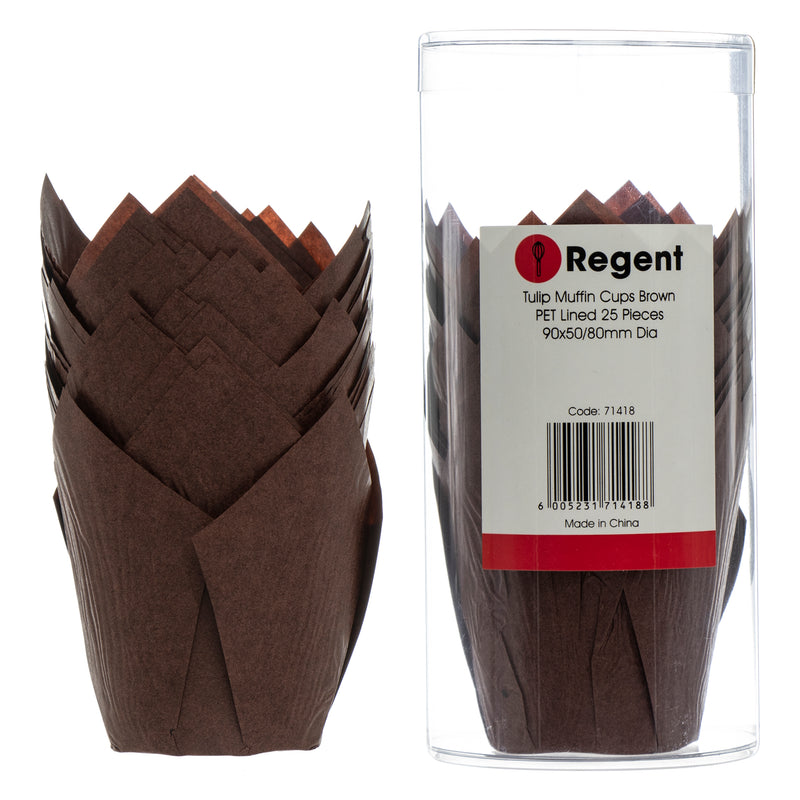 REGENT TULIP MUFFIN CUPS BROWN GREASE PROOF PAPER 25PCS, (50/80MM DIAX90MM)