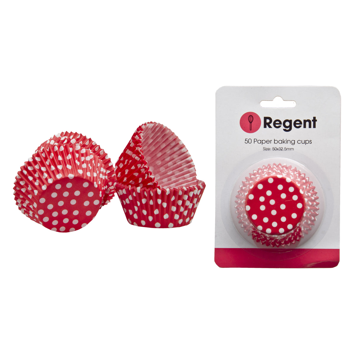 REGENT CAKE CUPS RED WITH WHITE DOTS 50PK, 50MM DIAX32.5MM
