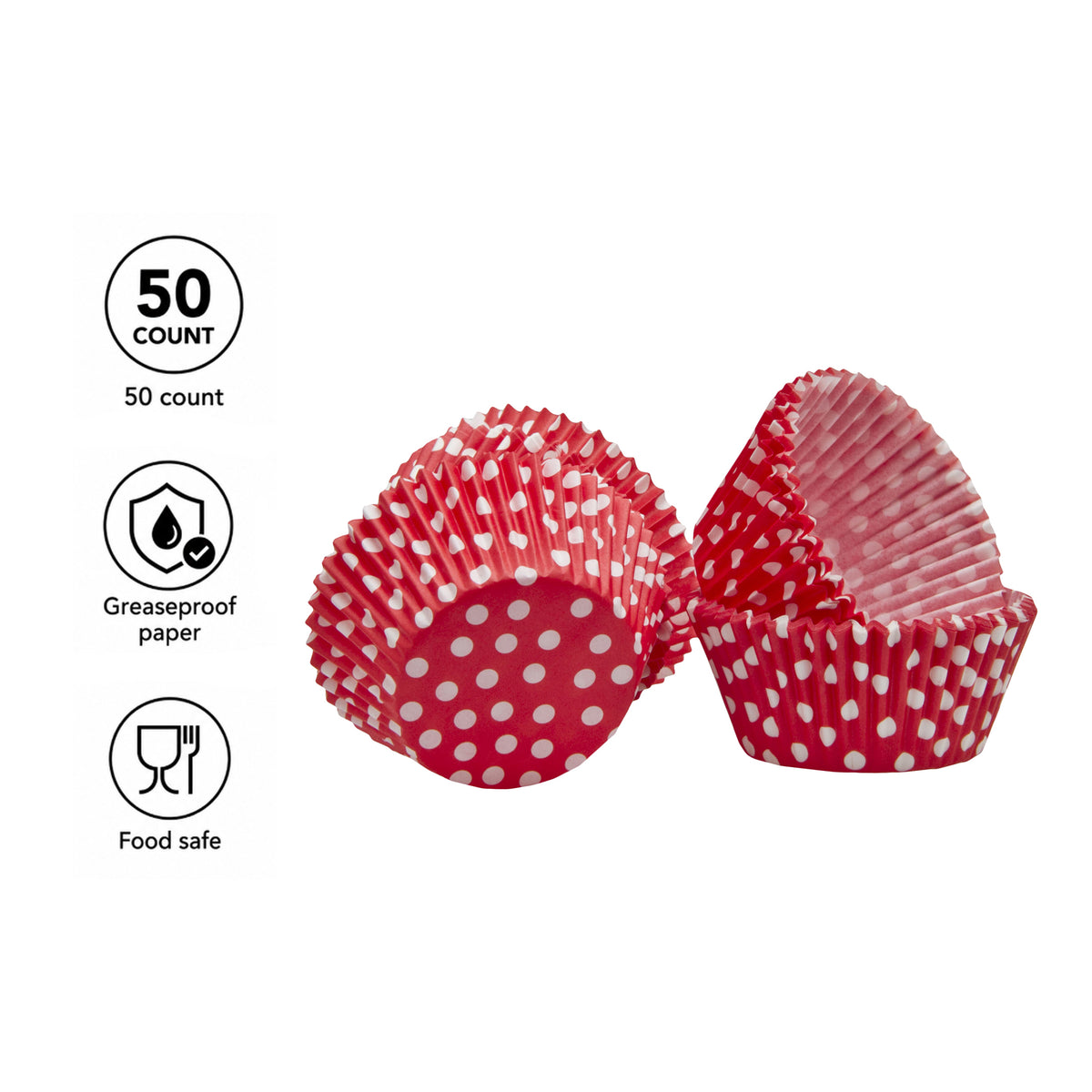 REGENT CAKE CUPS RED WITH WHITE DOTS 50PK, 50MM DIAX32.5MM