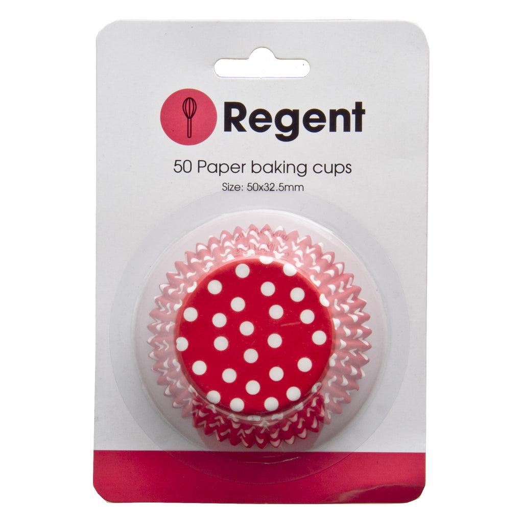 REGENT CAKE CUPS RED WITH WHITE DOTS 50PK, 50MM DIAX32.5MM
