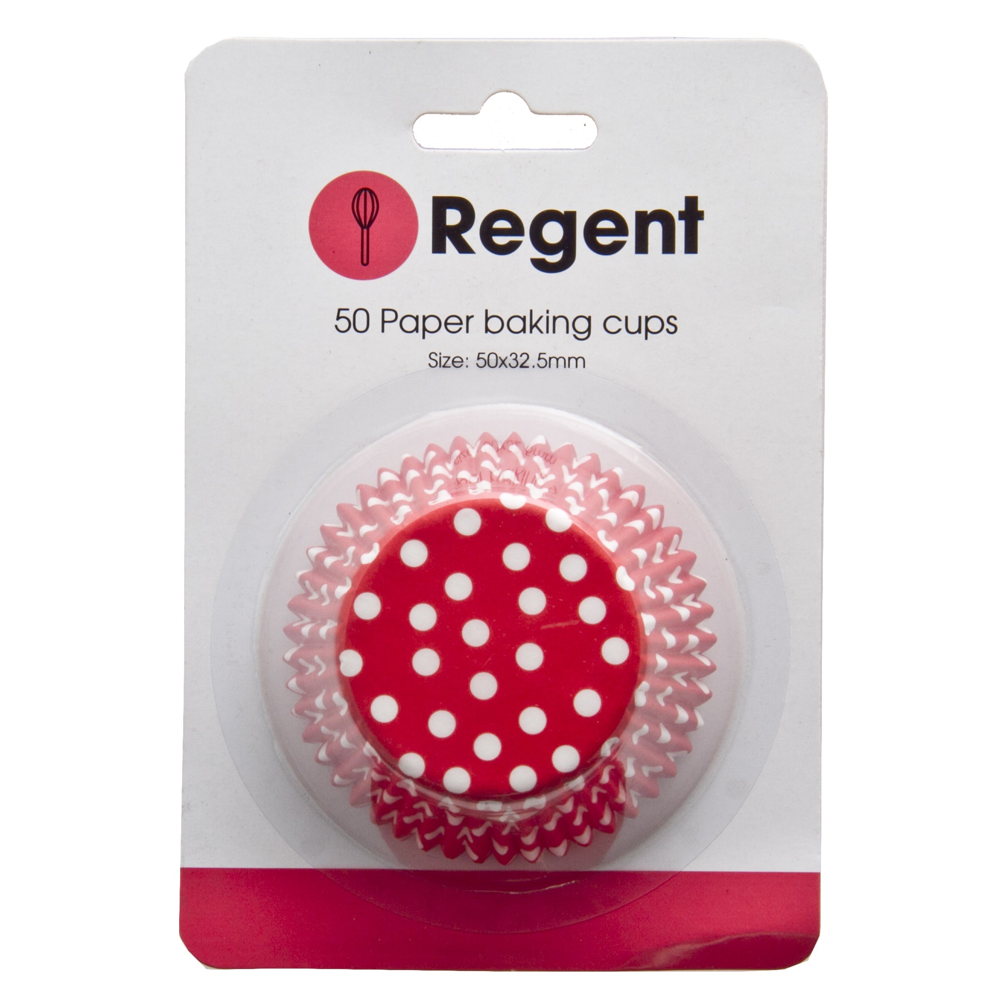 REGENT CAKE CUPS RED WITH WHITE DOTS 50PK, 50MM DIAX32.5MM