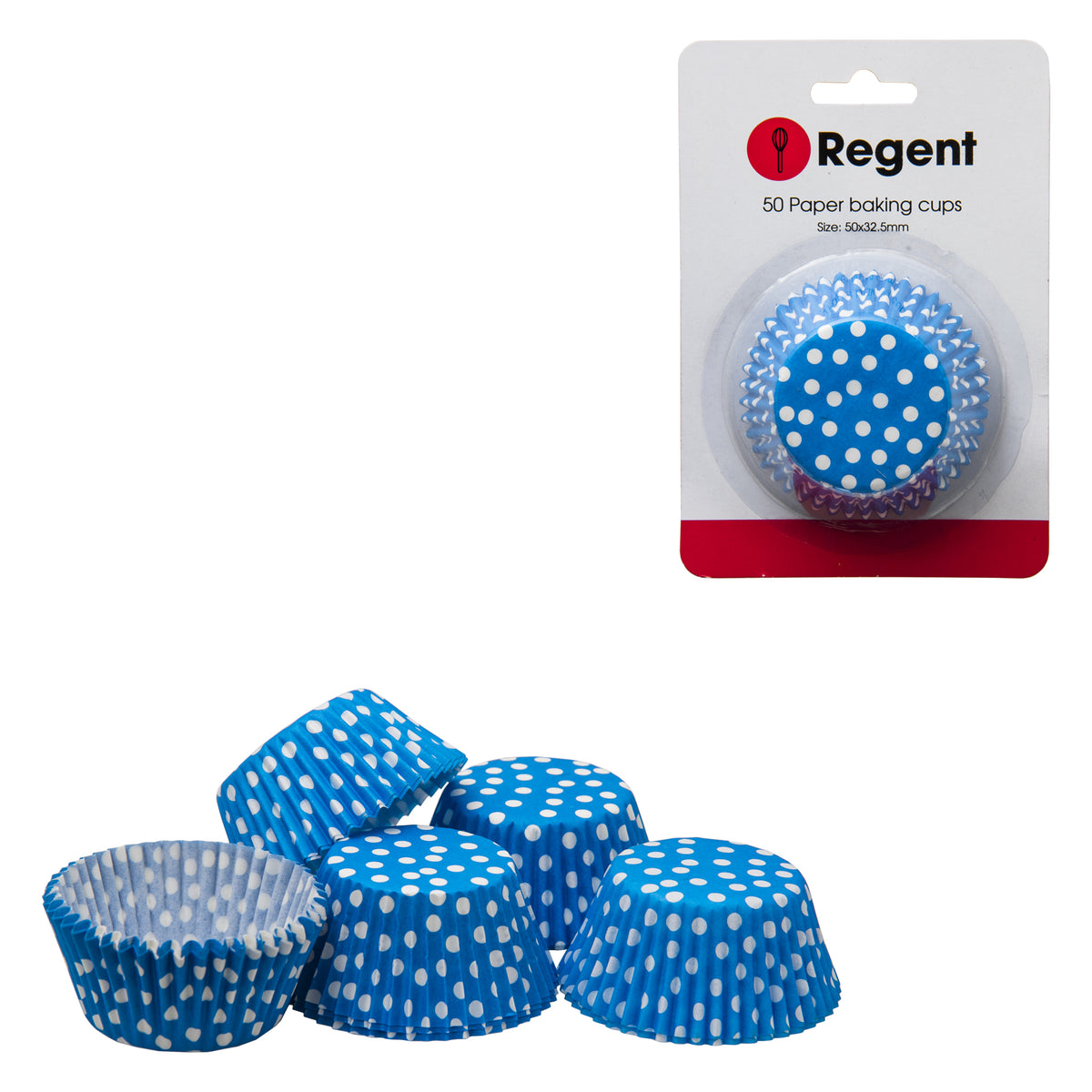 REGENT CAKE CUPS BLUE WITH WHITE DOTS 50PK, 50MM DIAX32.5MM