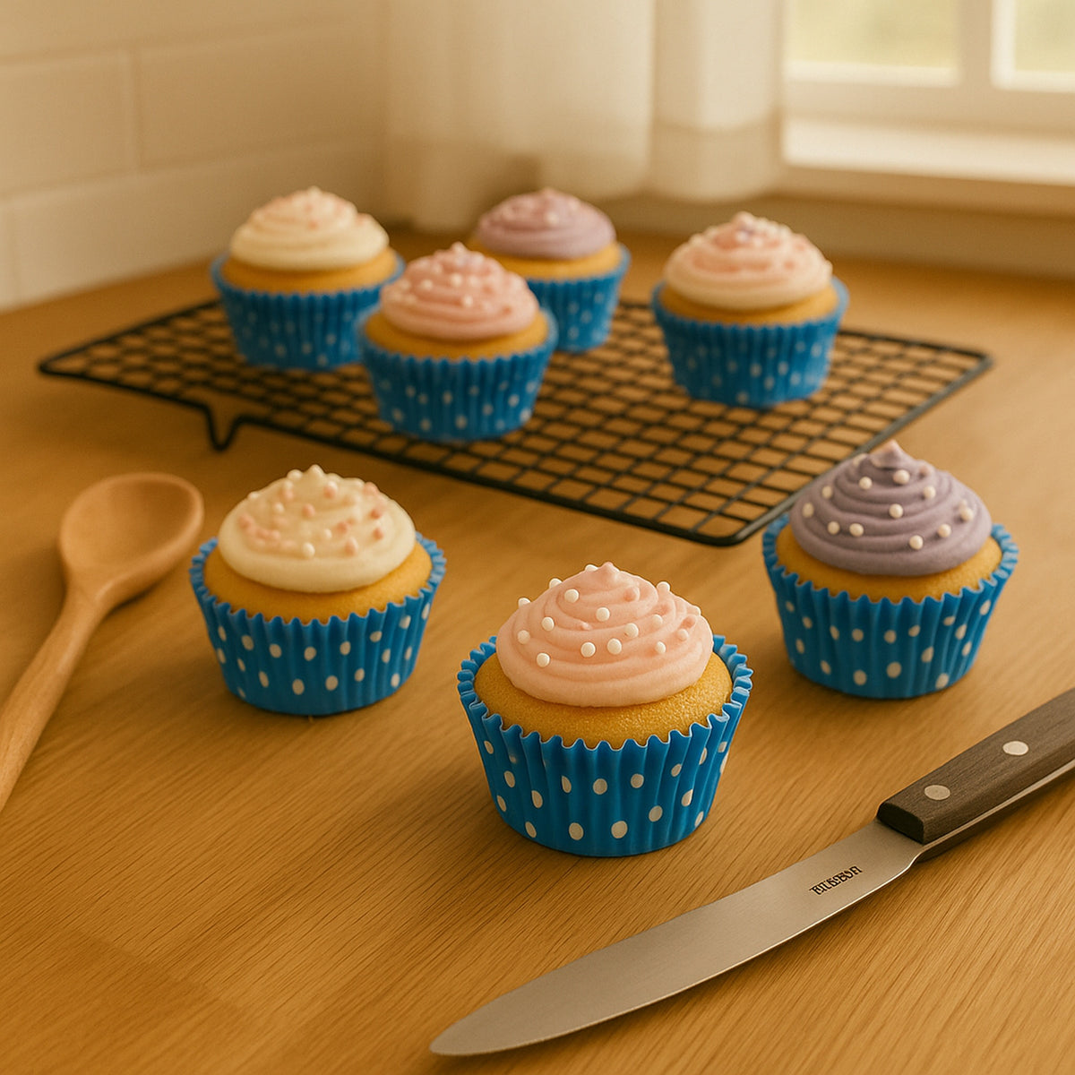 REGENT CAKE CUPS BLUE WITH WHITE DOTS 50PK, 50MM DIAX32.5MM