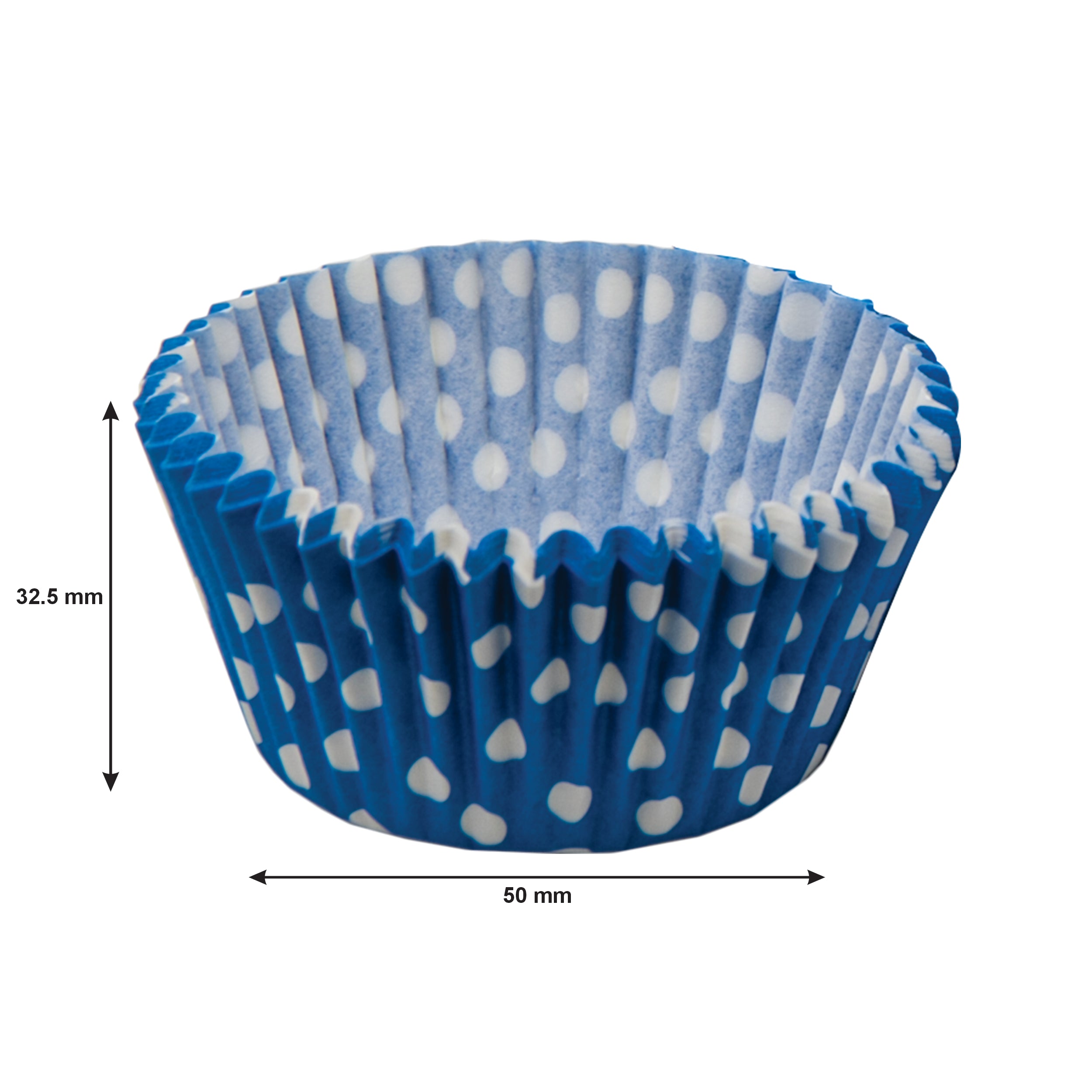 REGENT CAKE CUPS BLUE WITH WHITE DOTS 50PK, 50MM DIAX32.5MM