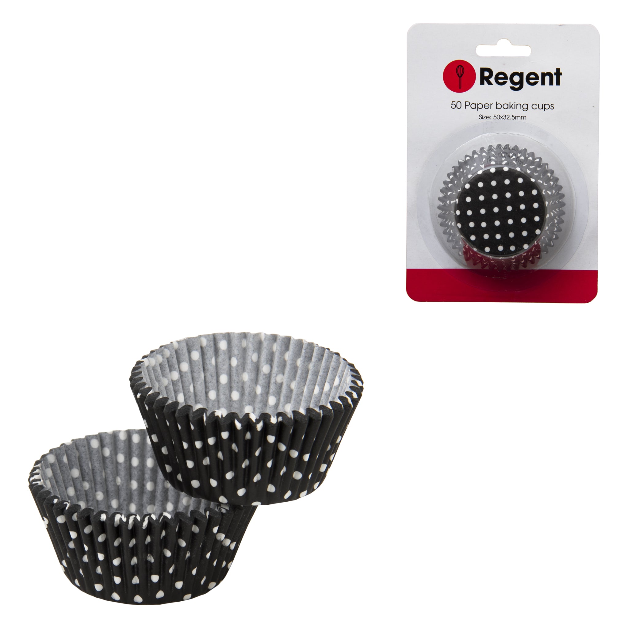 REGENT CAKE CUPS BLACK WITH WHITE DOTS 50PK, 50MM DIAX32.5MM