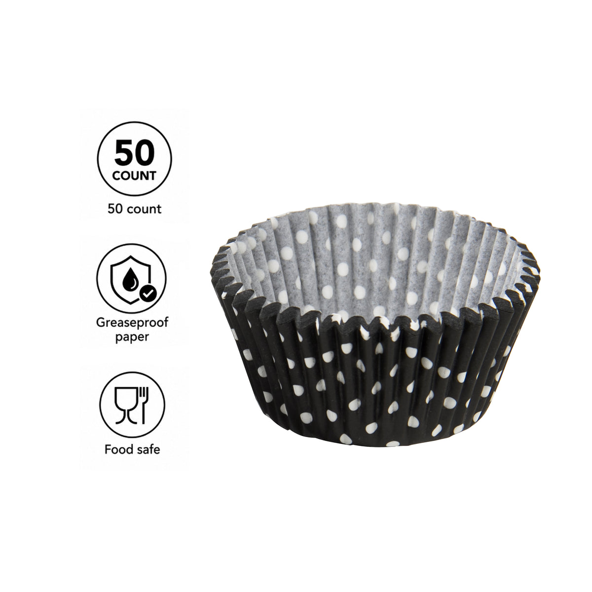 REGENT CAKE CUPS BLACK WITH WHITE DOTS 50PK, 50MM DIAX32.5MM