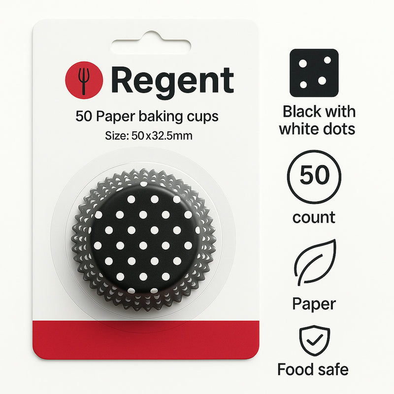 REGENT CAKE CUPS BLACK WITH WHITE DOTS 50PK, 50MM DIAX32.5MM