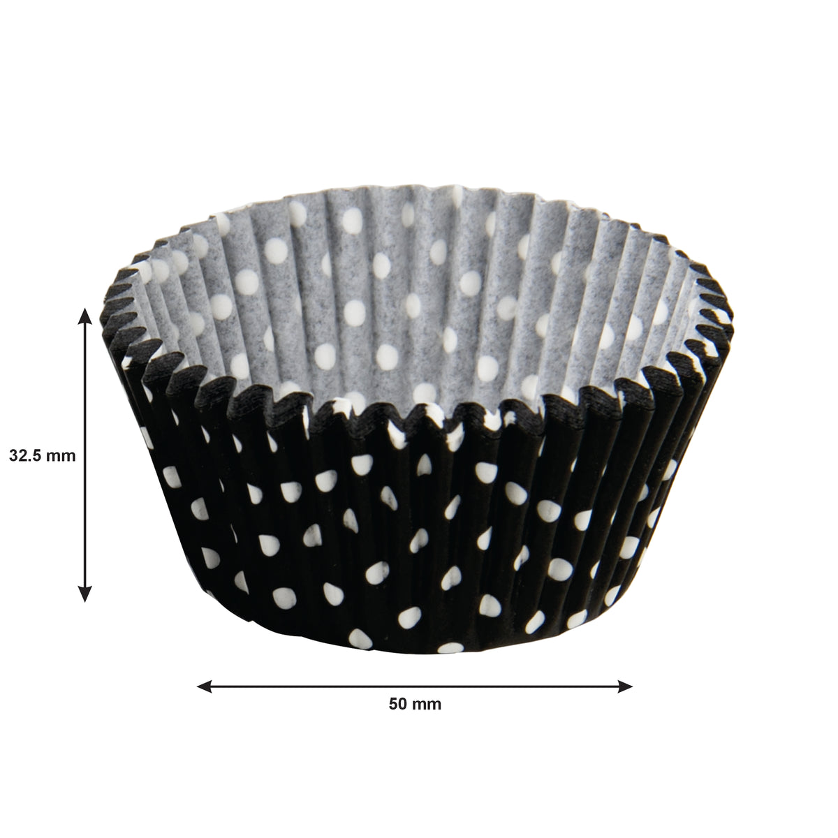 REGENT CAKE CUPS BLACK WITH WHITE DOTS 50PK, 50MM DIAX32.5MM