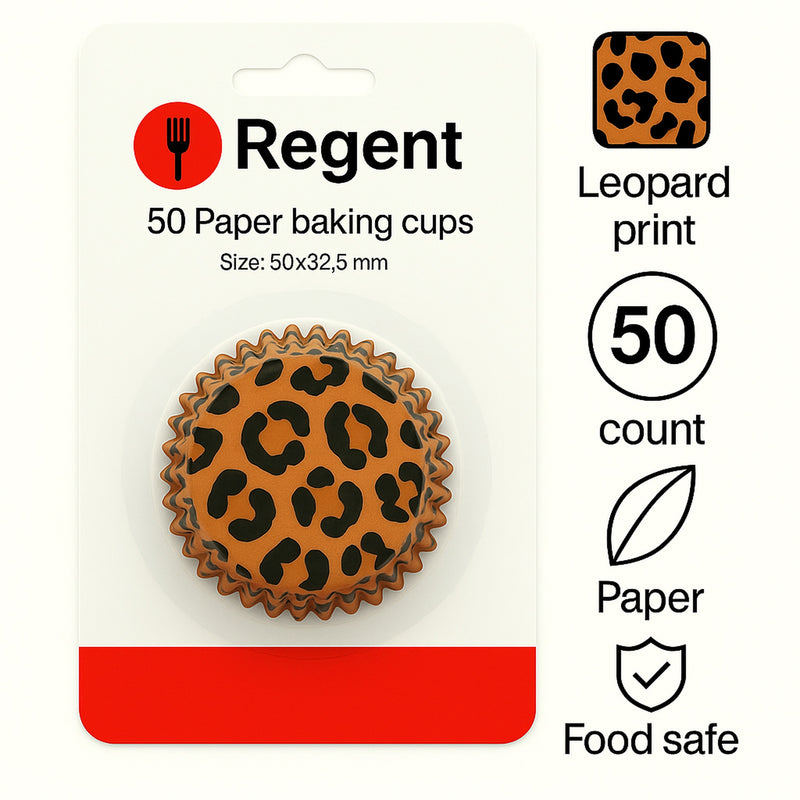 REGENT CAKE CUPS BROWN AND BLACK LEOPARD PRINT 50PK, 50X32.5MM