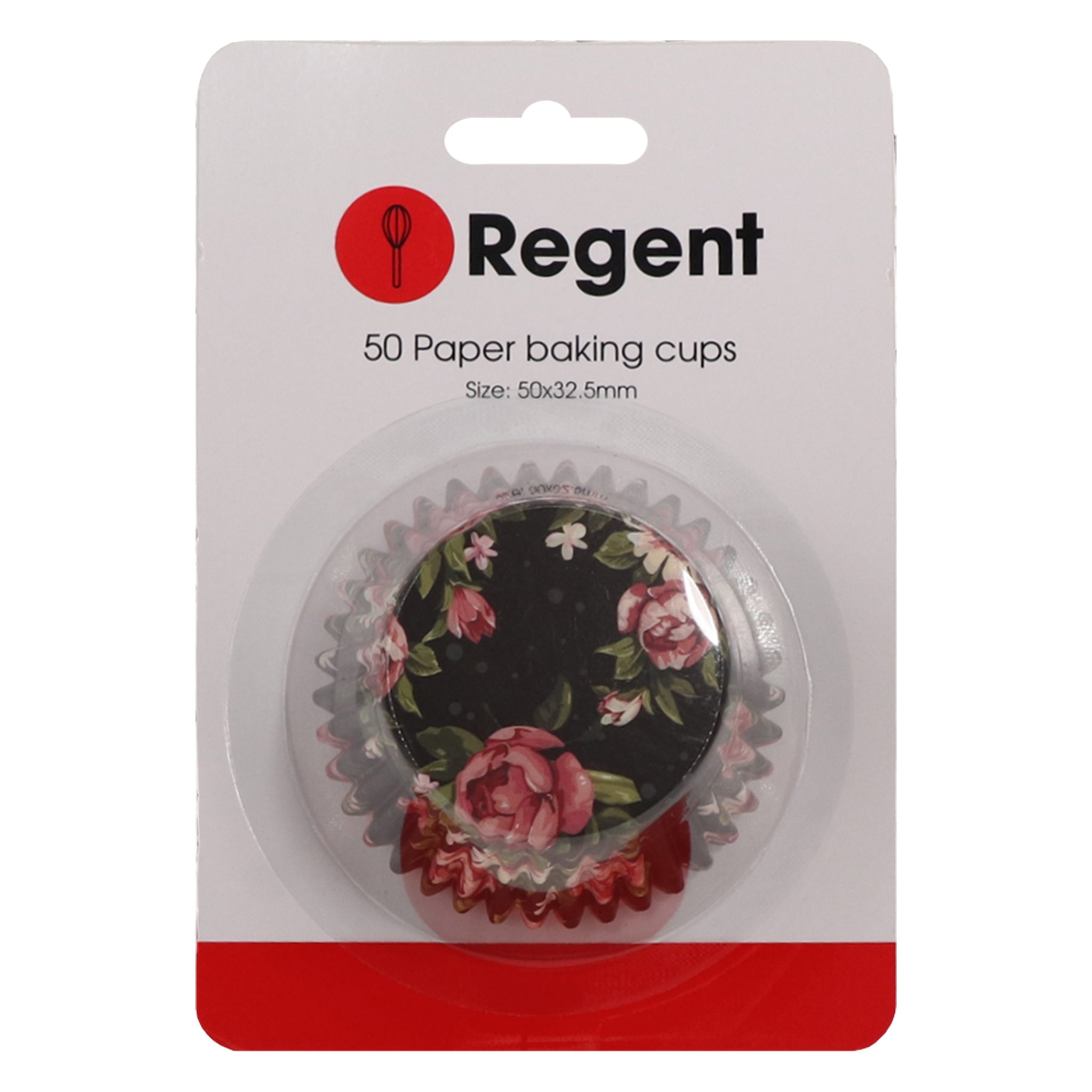 REGENT CAKE CUPS BLACK WITH PINK ROSES AND WHITE DAISIES 50PK, 50X32.5MM
