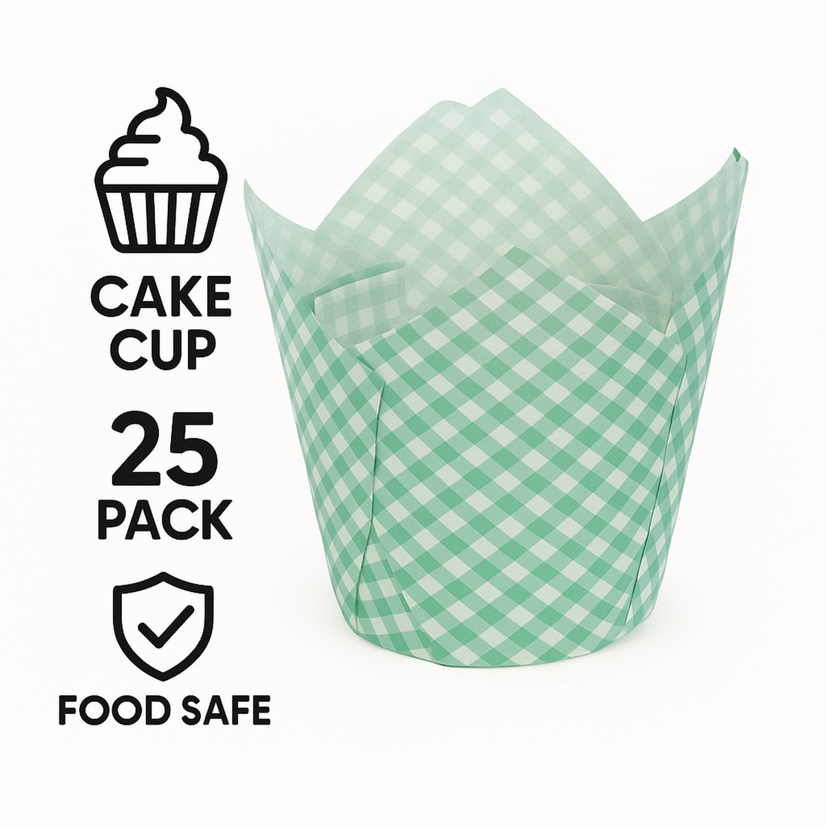 REGENT TULIP MUFFIN CUPS TURQUOISE WITH WHITE CHECKS GREASE PROOF PAPER 25PK, 80/50MM DIA