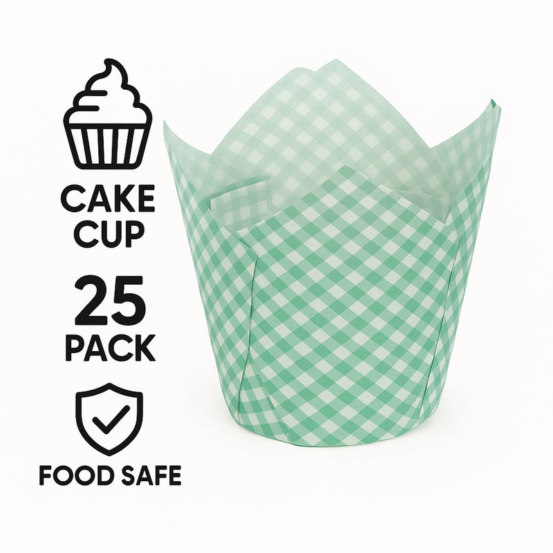 REGENT TULIP MUFFIN CUPS TURQUOISE WITH WHITE CHECKS GREASE PROOF PAPER 25 PCS, (80/50MM DIAX90MM)