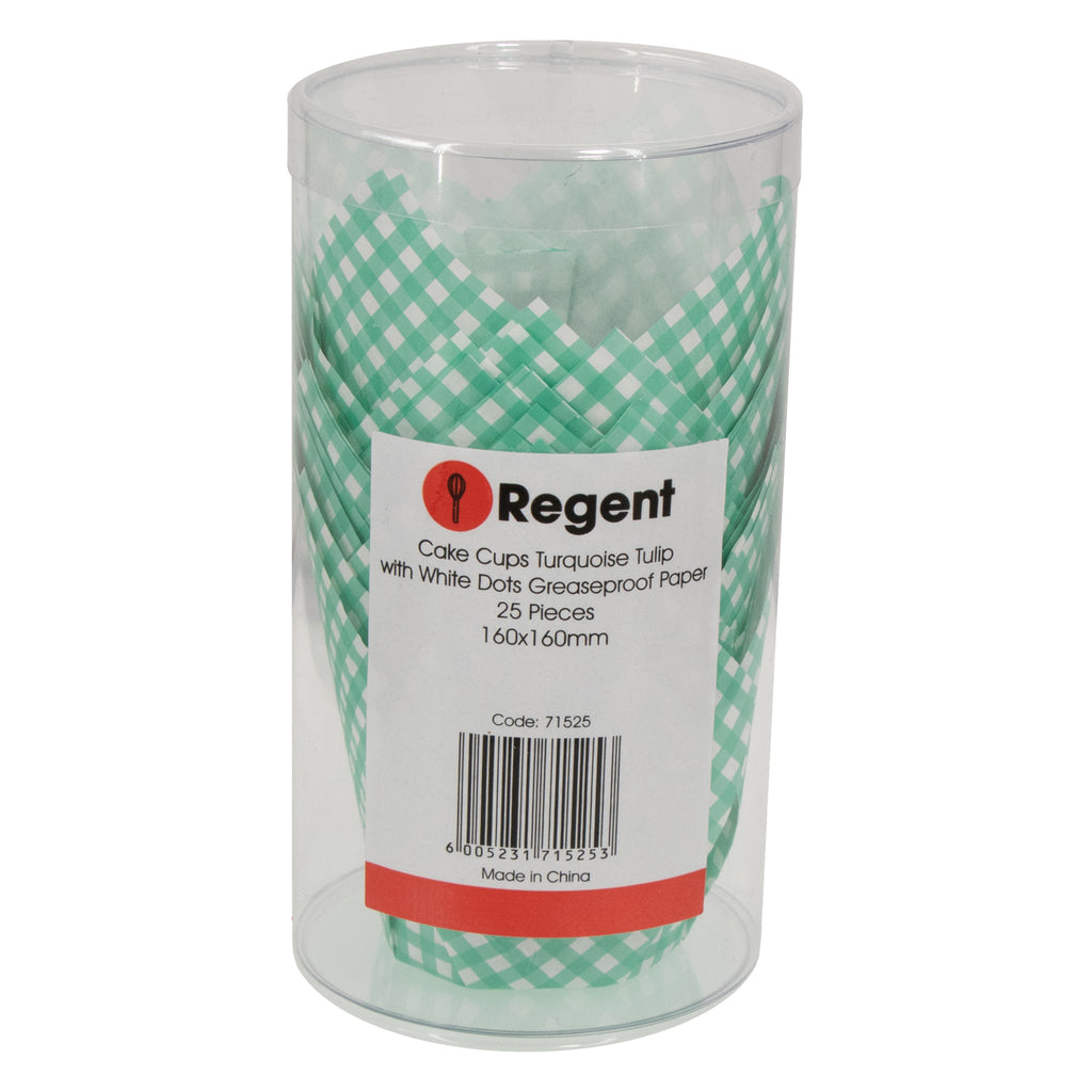 REGENT TULIP MUFFIN CUPS TURQUOISE WITH WHITE CHECKS GREASE PROOF PAPER 25PK, 80/50MM DIA
