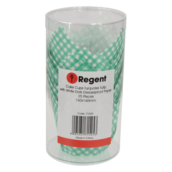 REGENT TULIP MUFFIN CUPS TURQUOISE WITH WHITE CHECKS GREASE PROOF PAPER 25 PCS, (80/50MM DIAX90MM)
