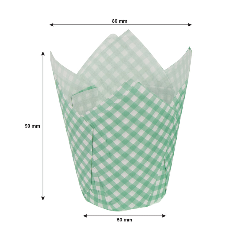REGENT TULIP MUFFIN CUPS TURQUOISE WITH WHITE CHECKS GREASE PROOF PAPER 25 PCS, (80/50MM DIAX90MM)