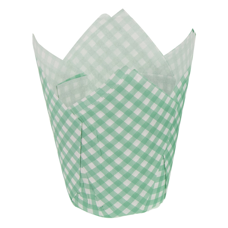 REGENT TULIP MUFFIN CUPS TURQUOISE WITH WHITE CHECKS GREASE PROOF PAPER 25 PCS, (80/50MM DIAX90MM)