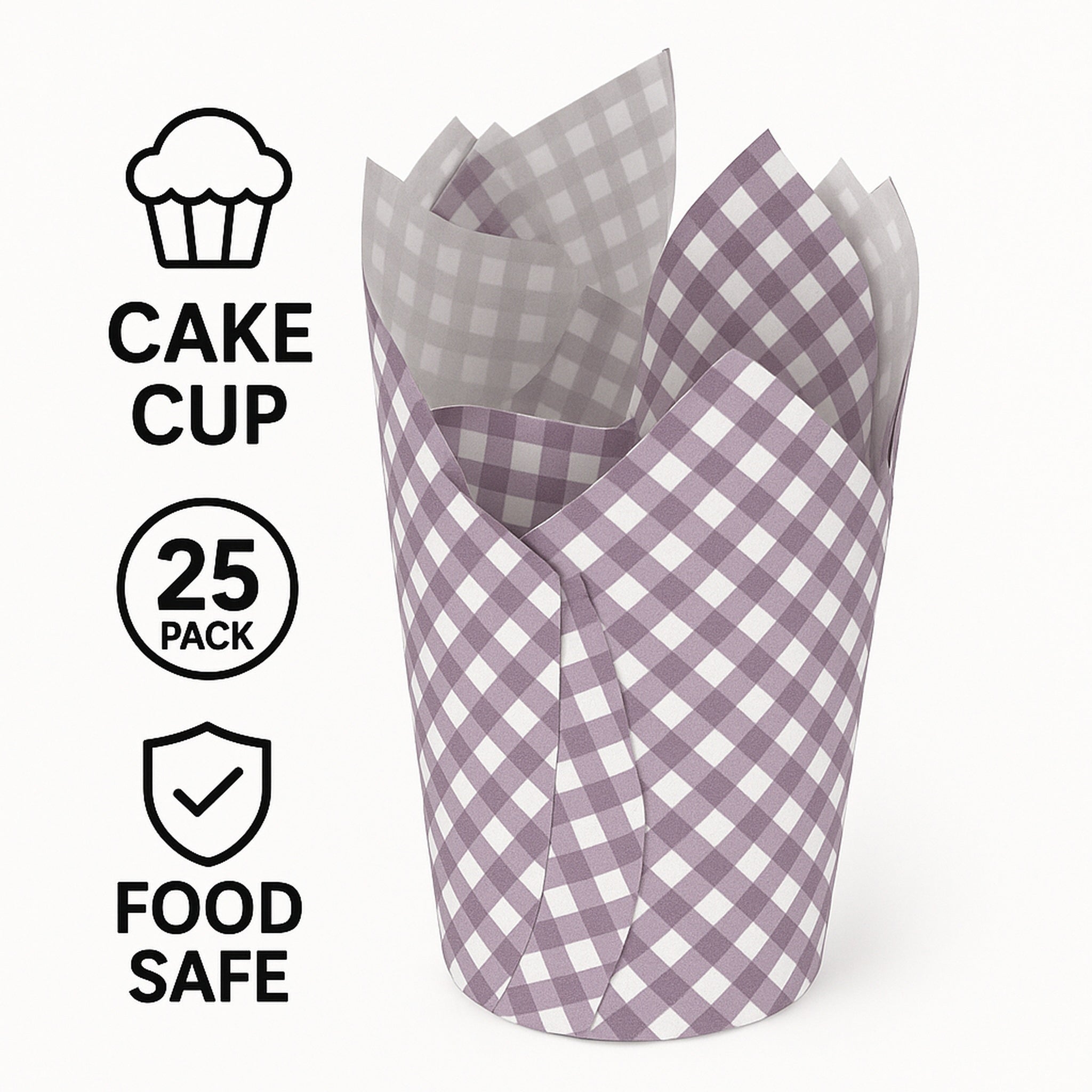 REGENT TULIP MUFFIN CUPS PURPLE WITH WHITE CHECKS GREASE PROOF PAPER 25PK, 80/50MM DIA