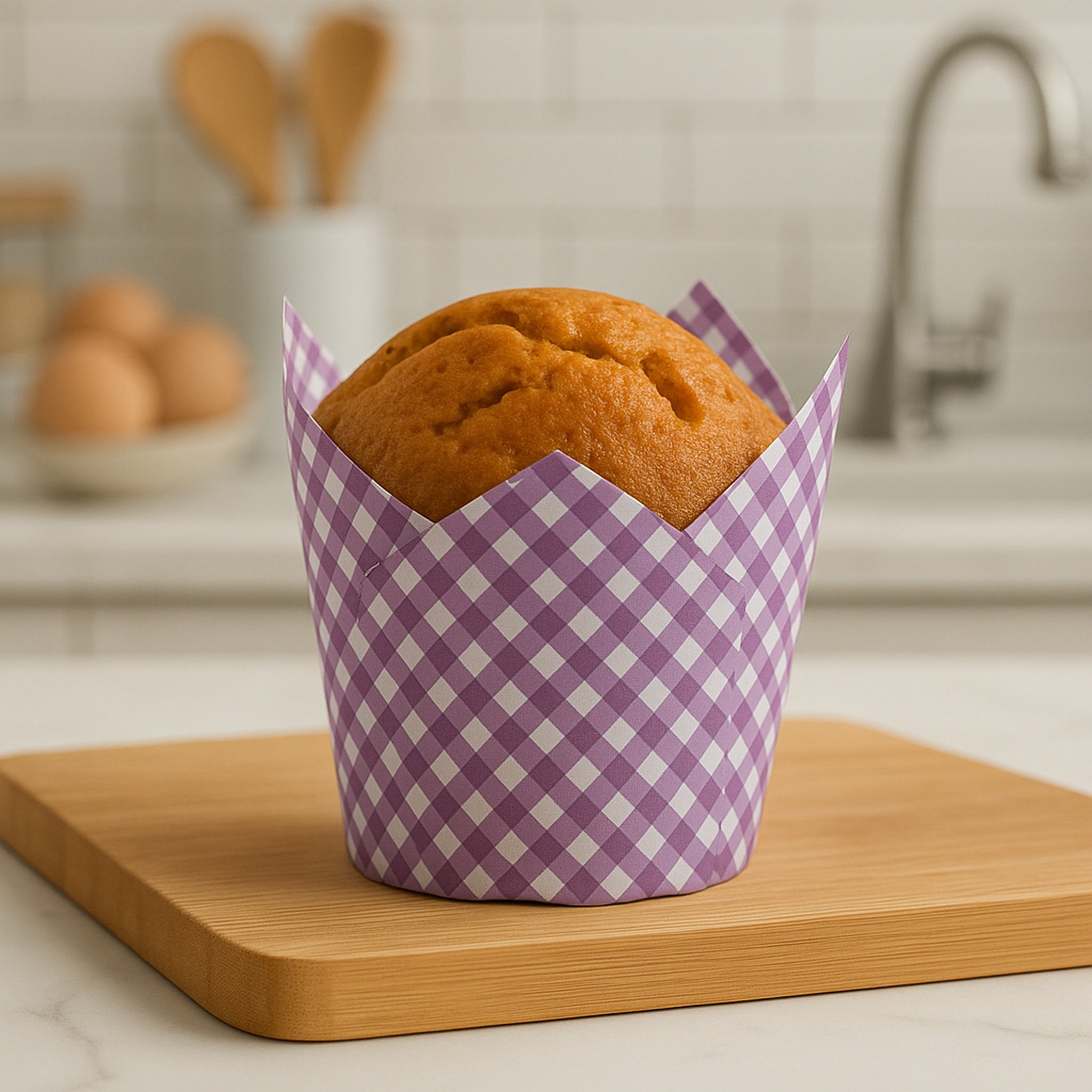 REGENT TULIP MUFFIN CUPS PURPLE WITH WHITE CHECKS GREASE PROOF PAPER 25PK, 80/50MM DIA
