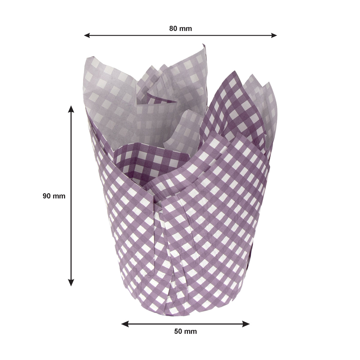REGENT TULIP MUFFIN CUPS PURPLE WITH WHITE CHECKS GREASE PROOF PAPER 25PK, 80/50MM DIA