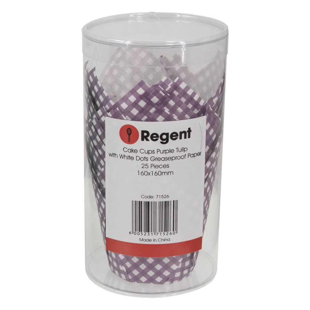 REGENT TULIP MUFFIN CUPS PURPLE WITH WHITE CHECKS GREASE PROOF PAPER 25PK, 80/50MM DIA