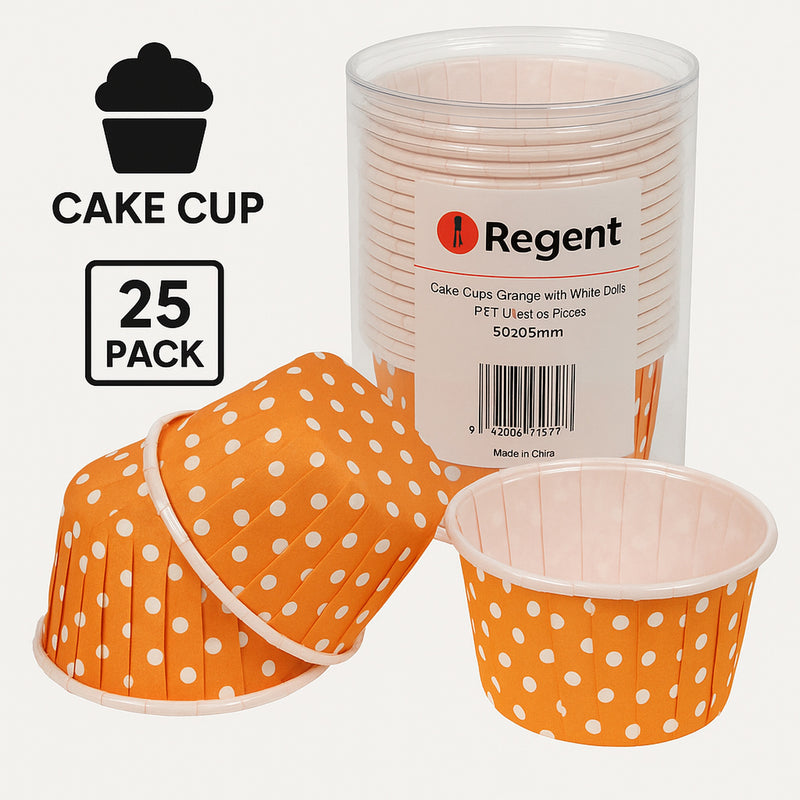 REGENT CUPCAKE CUPS ORANGE WITH WHITE DOTS PET LINED 25 PCS, (50/70MM DIAX39MM)