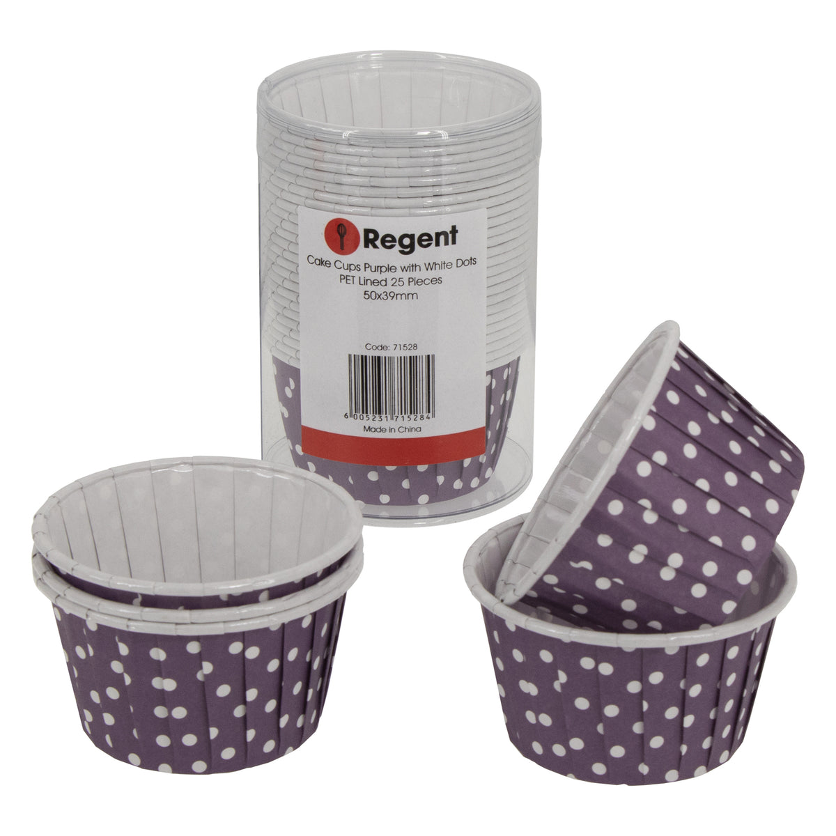 REGENT CUPCAKE CUPS PURPLE WITH WHITE DOTS PET LINED 25PK, 70MM DIAX35MM