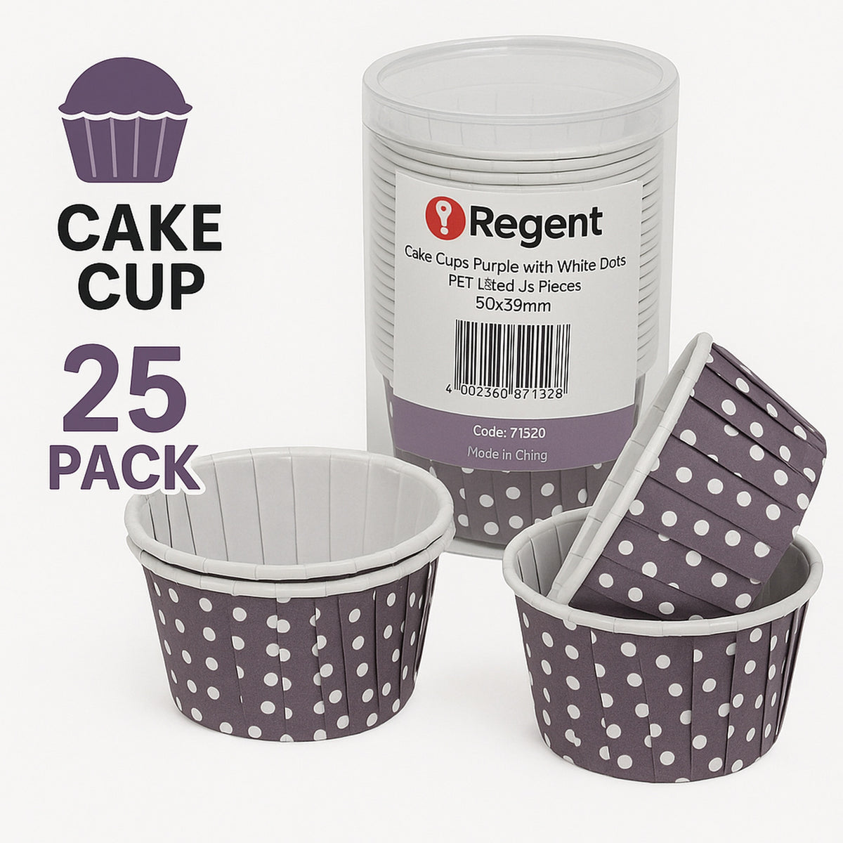 REGENT CUPCAKE CUPS PURPLE WITH WHITE DOTS PET LINED 25PK, 70MM DIAX35MM