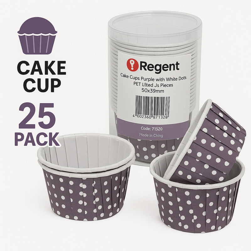 REGENT CUPCAKE CUPS PURPLE WITH WHITE DOTS PET LINED 25 PCS, (50/70MM DIAX39MM)