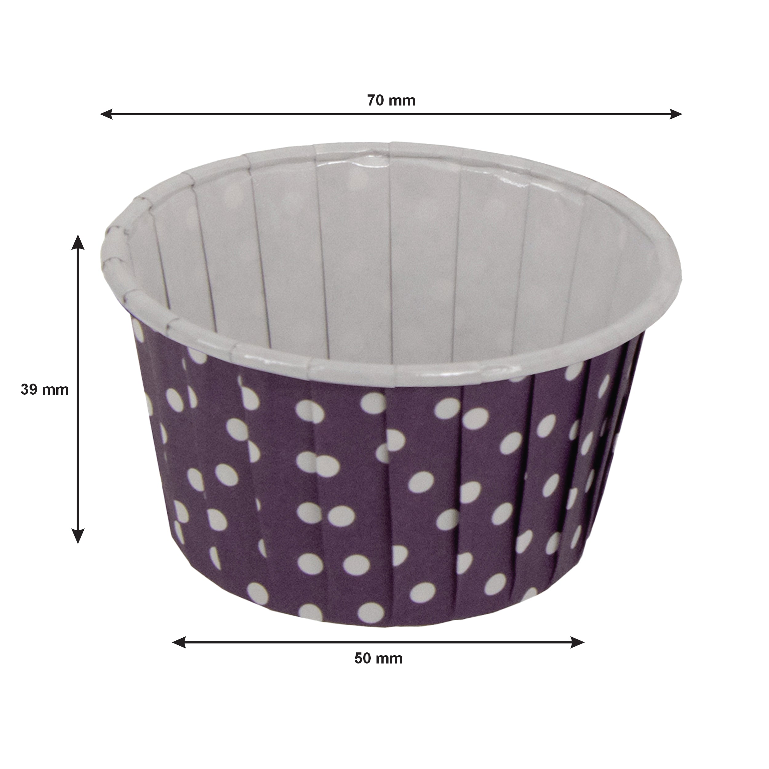 REGENT CUPCAKE CUPS PURPLE WITH WHITE DOTS PET LINED 25PK, 70MM DIAX35MM