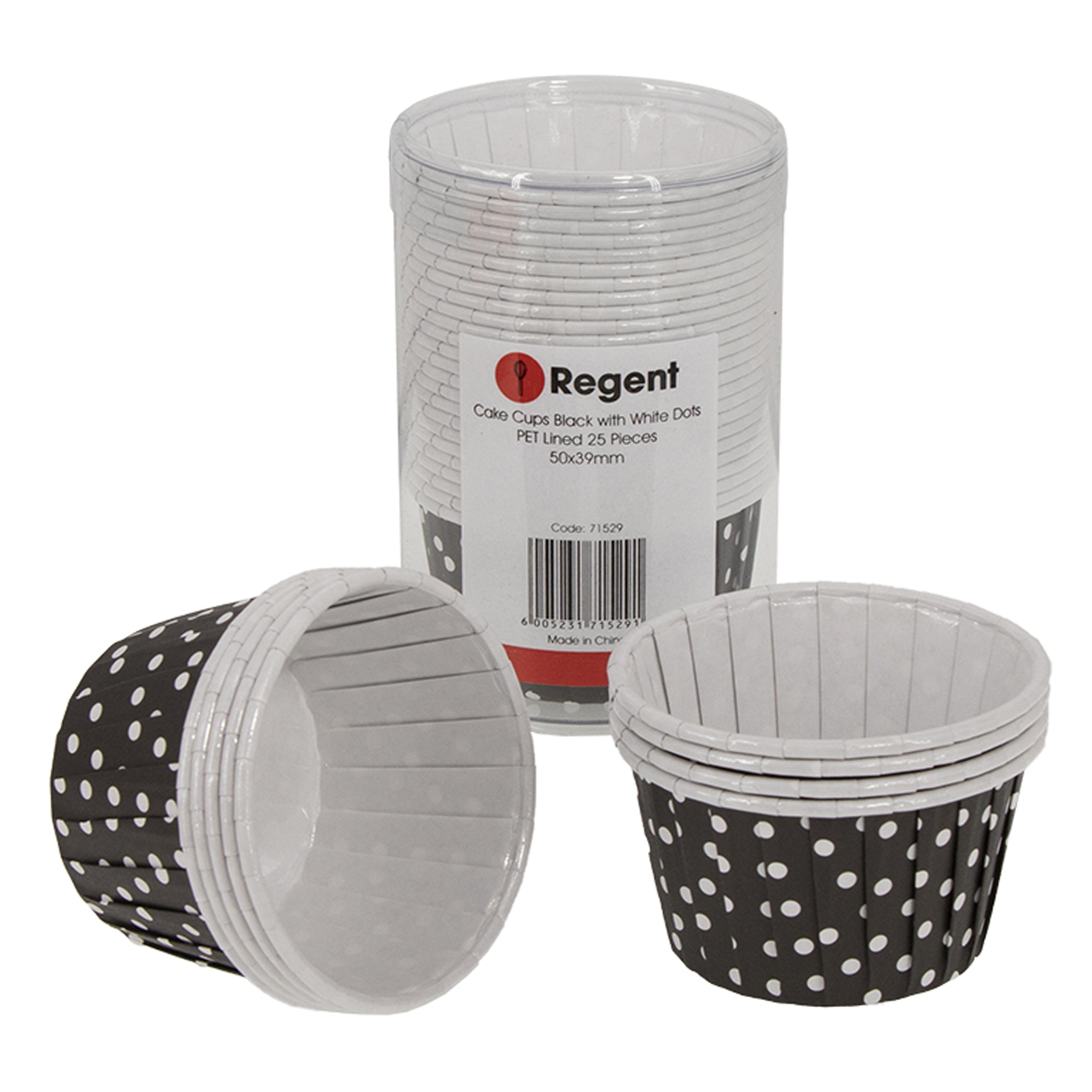 REGENT CUPCAKE CUPS BLACK WITH WHITE DOTS PET LINED 25PK, 70MM DIAX35MM