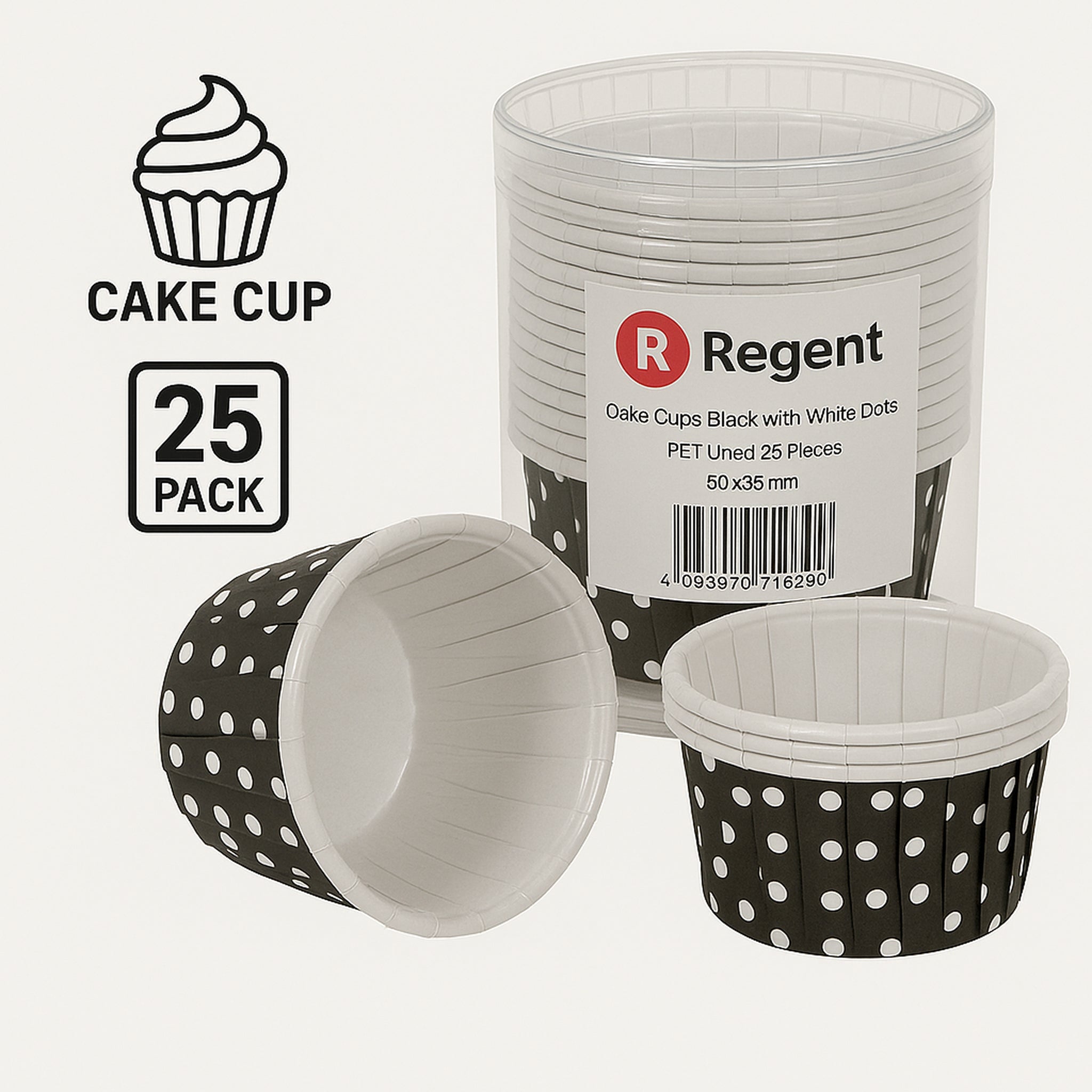 REGENT CUPCAKE CUPS BLACK WITH WHITE DOTS PET LINED 25PK, 70MM DIAX35MM