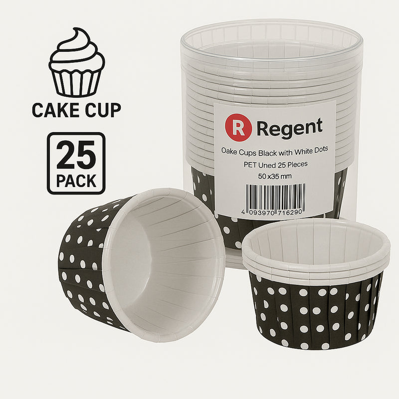 REGENT CUPCAKE CUPS BLACK WITH WHITE DOTS PET LINED 25 PCS, (50/70MM DIAX39MM)