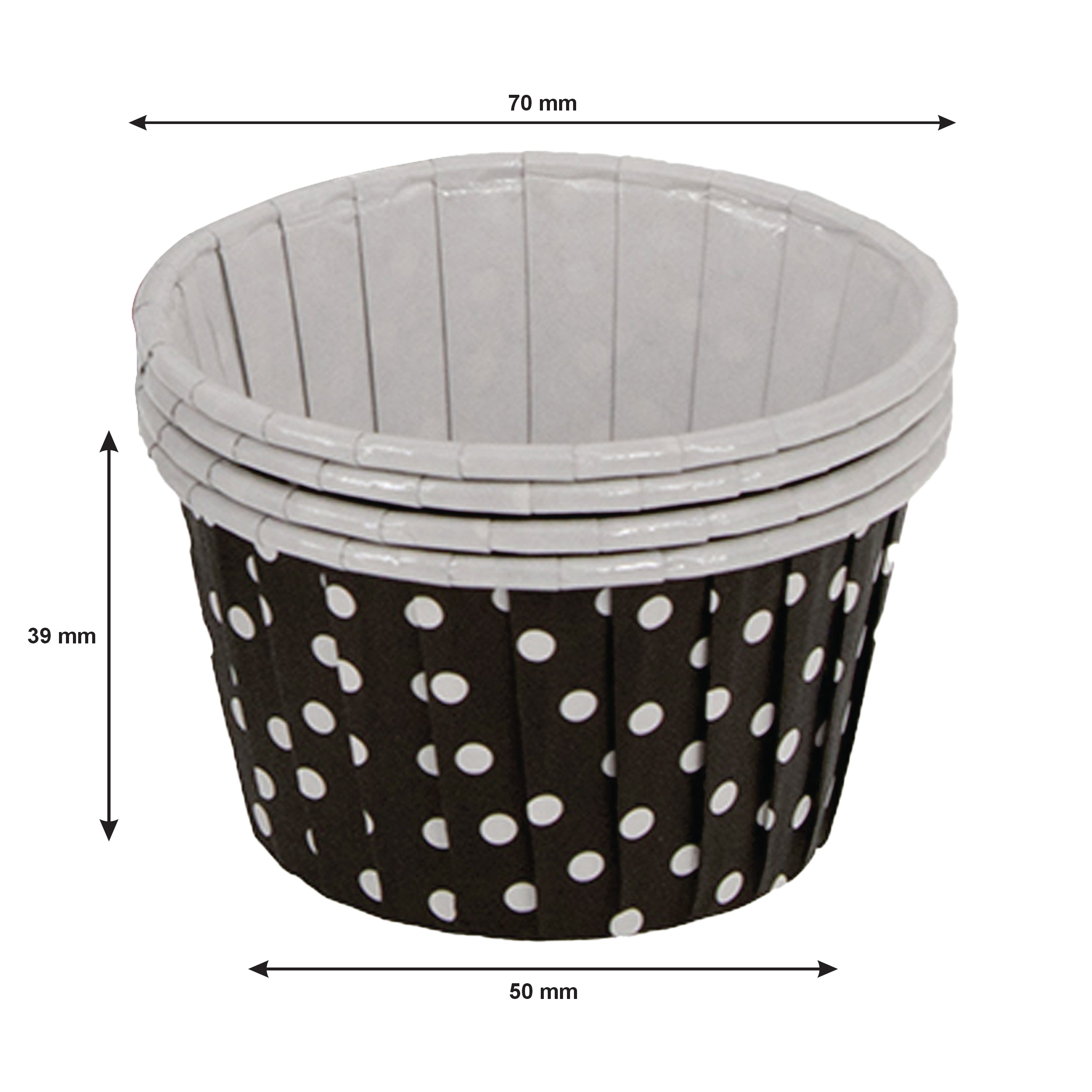 REGENT CUPCAKE CUPS BLACK WITH WHITE DOTS PET LINED 25PK, 70MM DIAX35MM