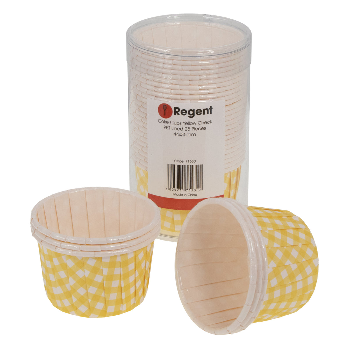 REGENT CAKE/ICE CREAM CUPS YELLOW CHECK PET LINED 25PK, 55MM DIAX35MM