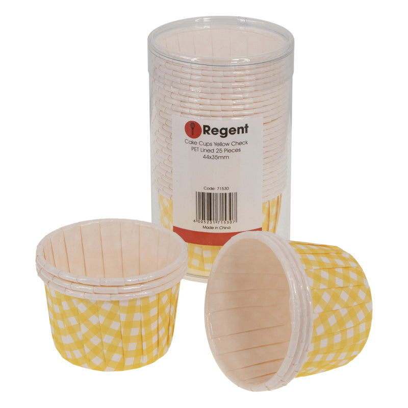 REGENT CAKE/ICE CREAM CUPS YELLOW CHECK PET LINED 25 PCS, (55/44MM DIAX35MM)