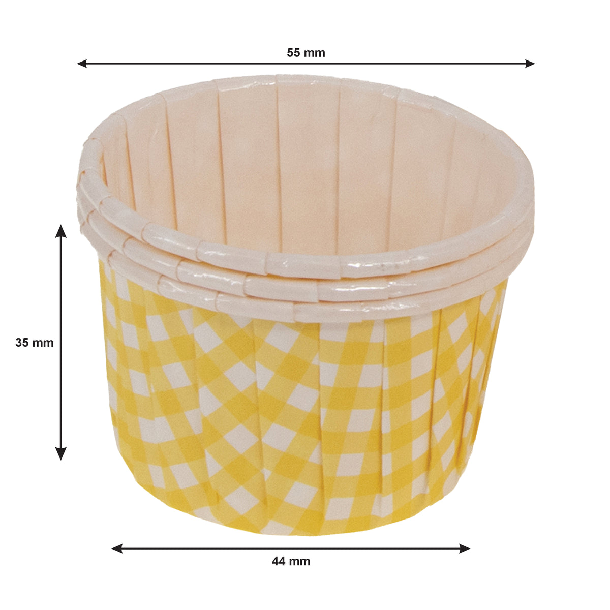 REGENT CAKE/ICE CREAM CUPS YELLOW CHECK PET LINED 25PK, 55MM DIAX35MM