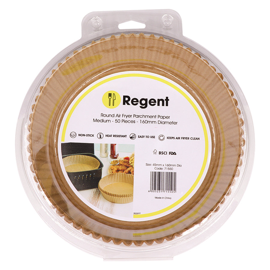 REGENT AIR FRYER ROUND PARCHMENT PAPER LINERS IN PVC BOX 50PK, 160MM DIA
