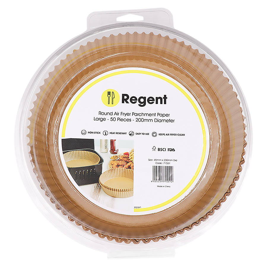 REGENT AIR FRYER ROUND PARCHMENT PAPER LINERS IN PVC BOX 50PK, 200MM DIA