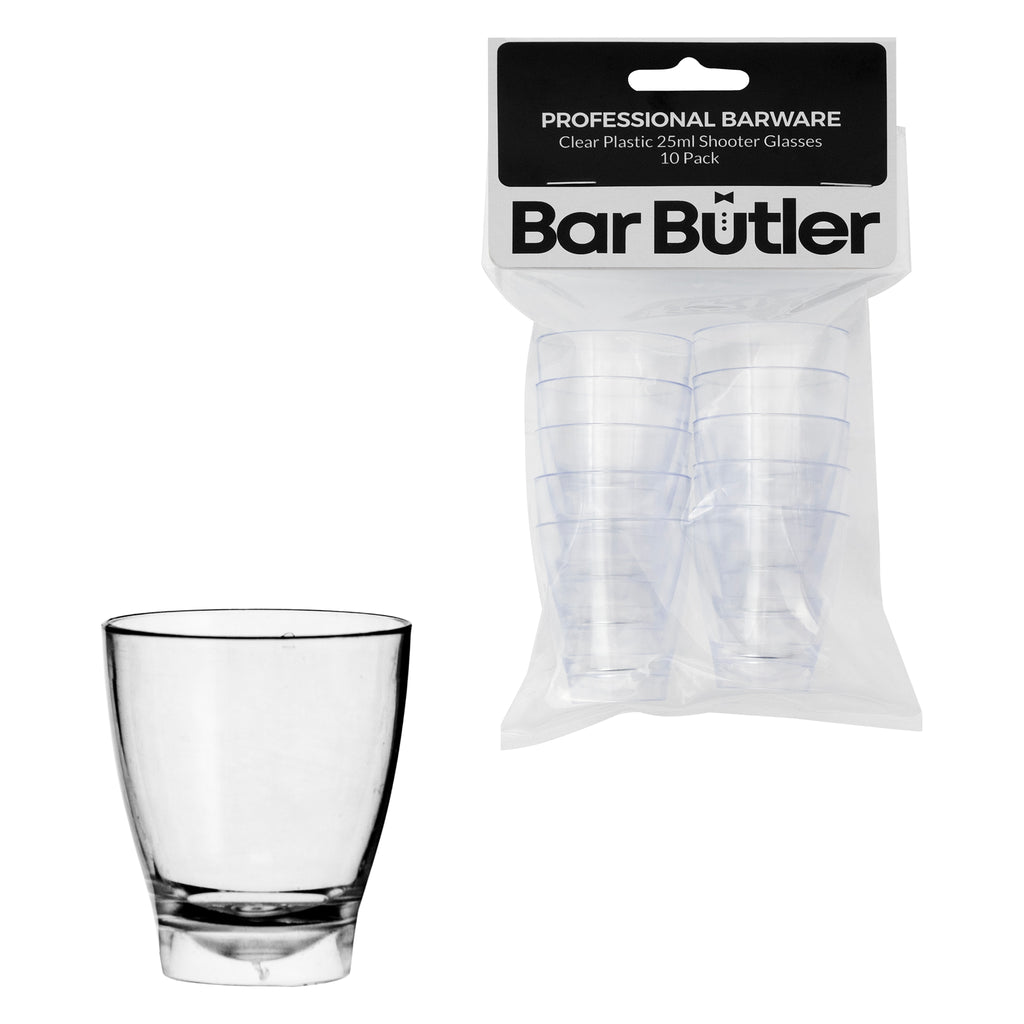 BAR BUTLER CLEAR PLASTIC SHOT GLASSES 10 PACK, (25ML)