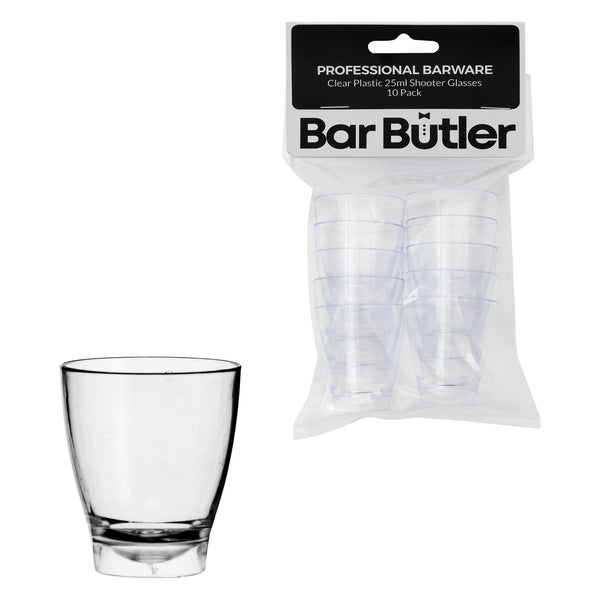 BAR BUTLER CLEAR PLASTIC SHOT GLASSES 10 PACK, (25ML)