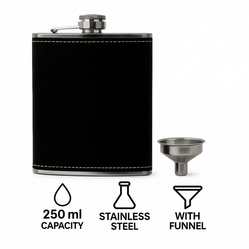 BAR BUTLER HIP FLASK ST STEEL WITH BLACK LEATHERETTE COVER AND FUNNEL, 250ML