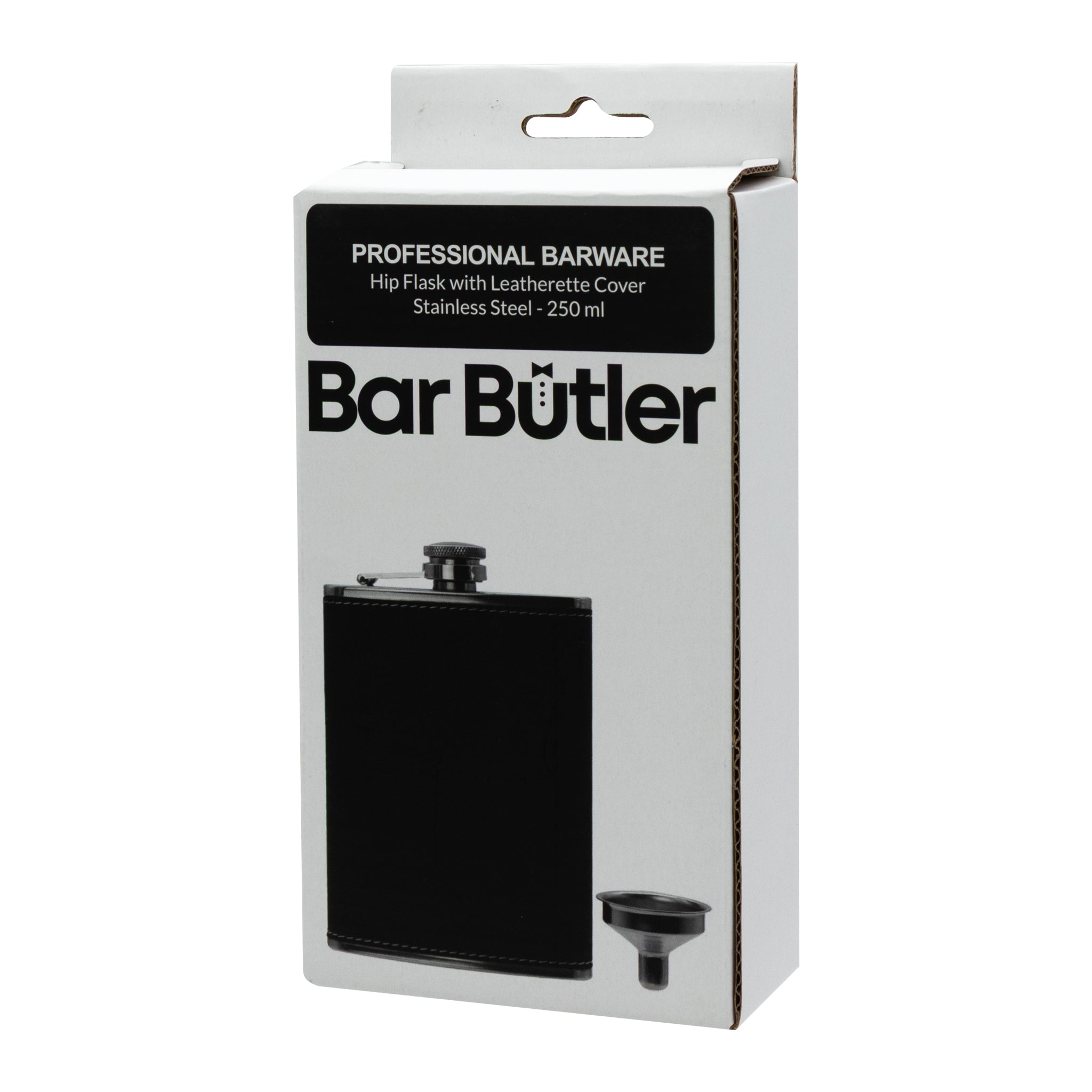BAR BUTLER HIP FLASK ST STEEL WITH BLACK LEATHERETTE COVER AND FUNNEL, 250ML